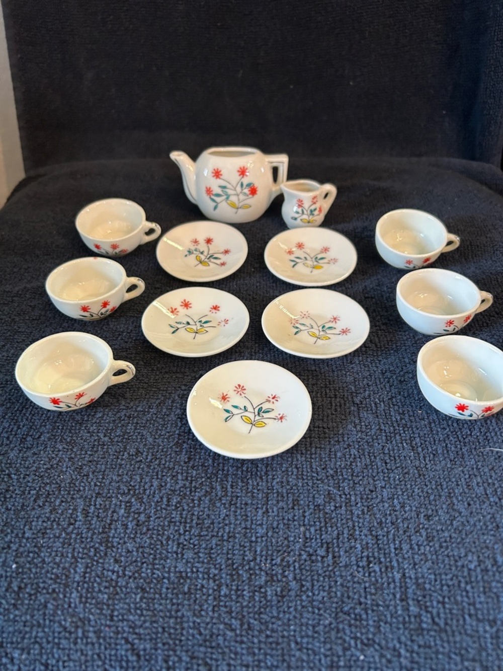 Vintage Miniature Floral 13 Piece Tea Set - White with Red & Yellow Flowers 1950